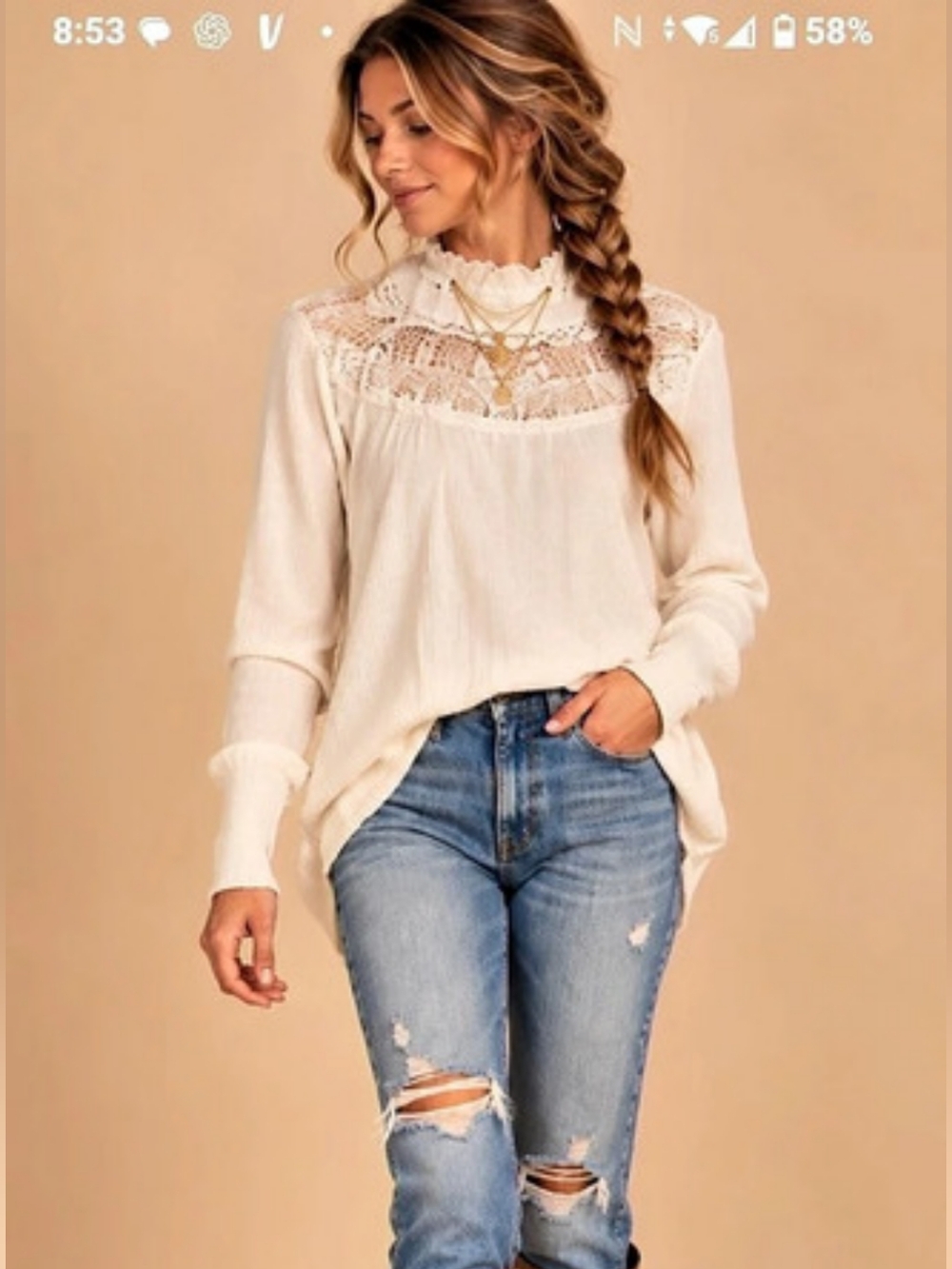 Free People Ivory Lace Yoke Thermal Top Oversized Boho Small NWOT